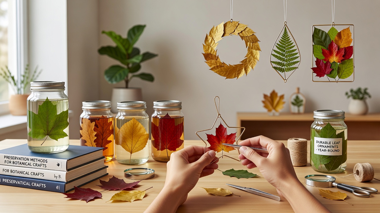 Assembled leaf ornaments including wreaths and framed displays using preserved botanical materials