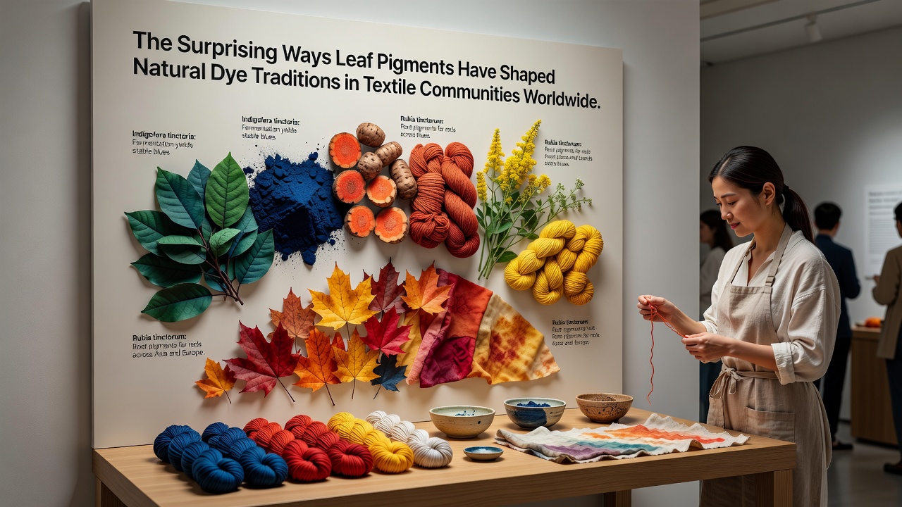 Close-up of handwoven fabric samples showing varied leaf-derived pigment shades in a natural dye workshop